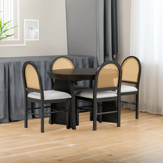 TREXM 5-Piece Retro Espresso Dining Set with round table and four cane-back chairs on Tampa Home & Garden Store