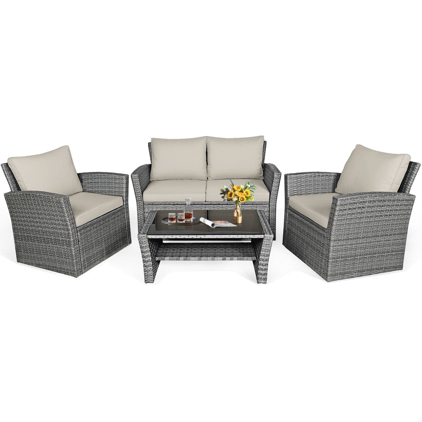 Juego de muebles de ratán para patio de 4 piezas con sofá, mesa con estante de almacenamiento y cojines - Negro