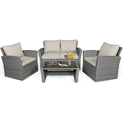 Juego de muebles de ratán para patio de 4 piezas con sofá, mesa con estante de almacenamiento y cojines - Negro