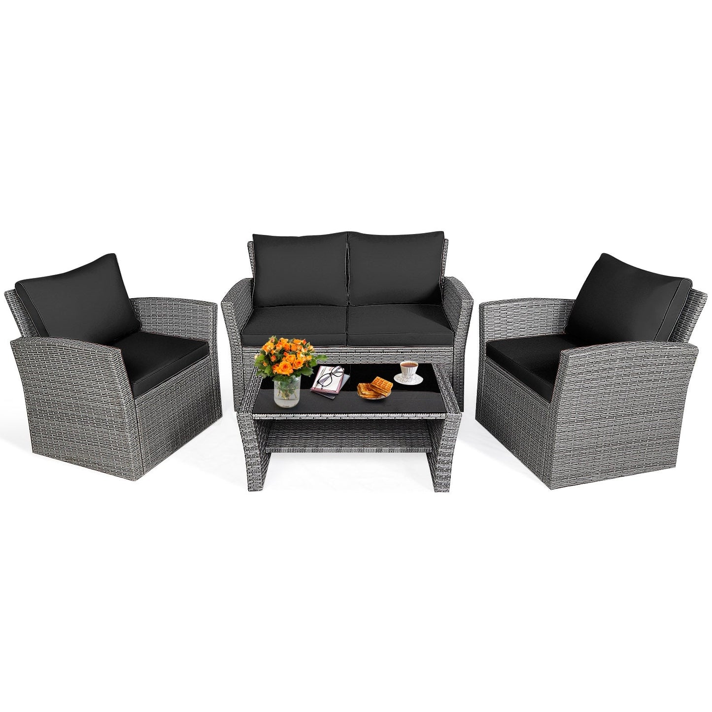 Juego de muebles de ratán para patio de 4 piezas con sofá, mesa con estante de almacenamiento y cojines - Negro