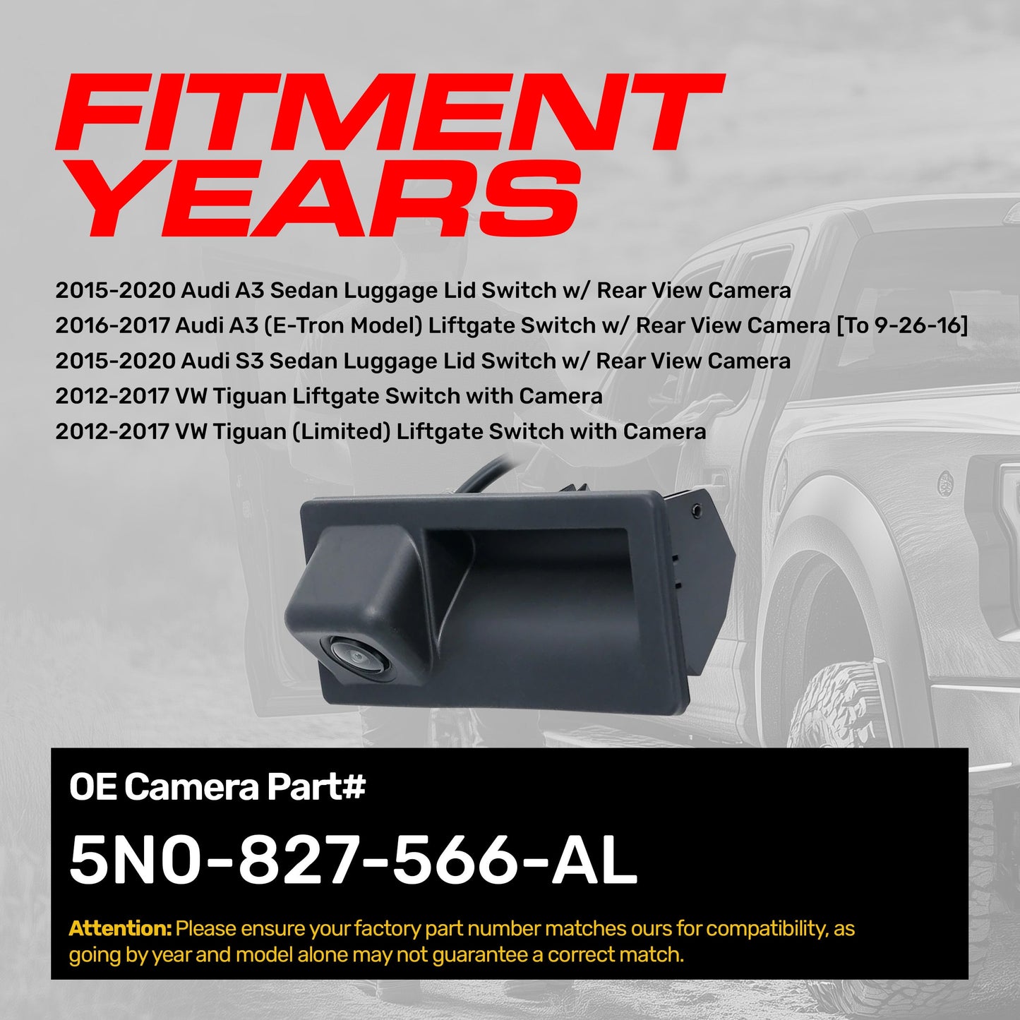 OEM backup camera by Master Tailgaters for Audi A3/S3 and VW Tiguan, part 5N0-827-566-AL on Tampa Home & Garden Store