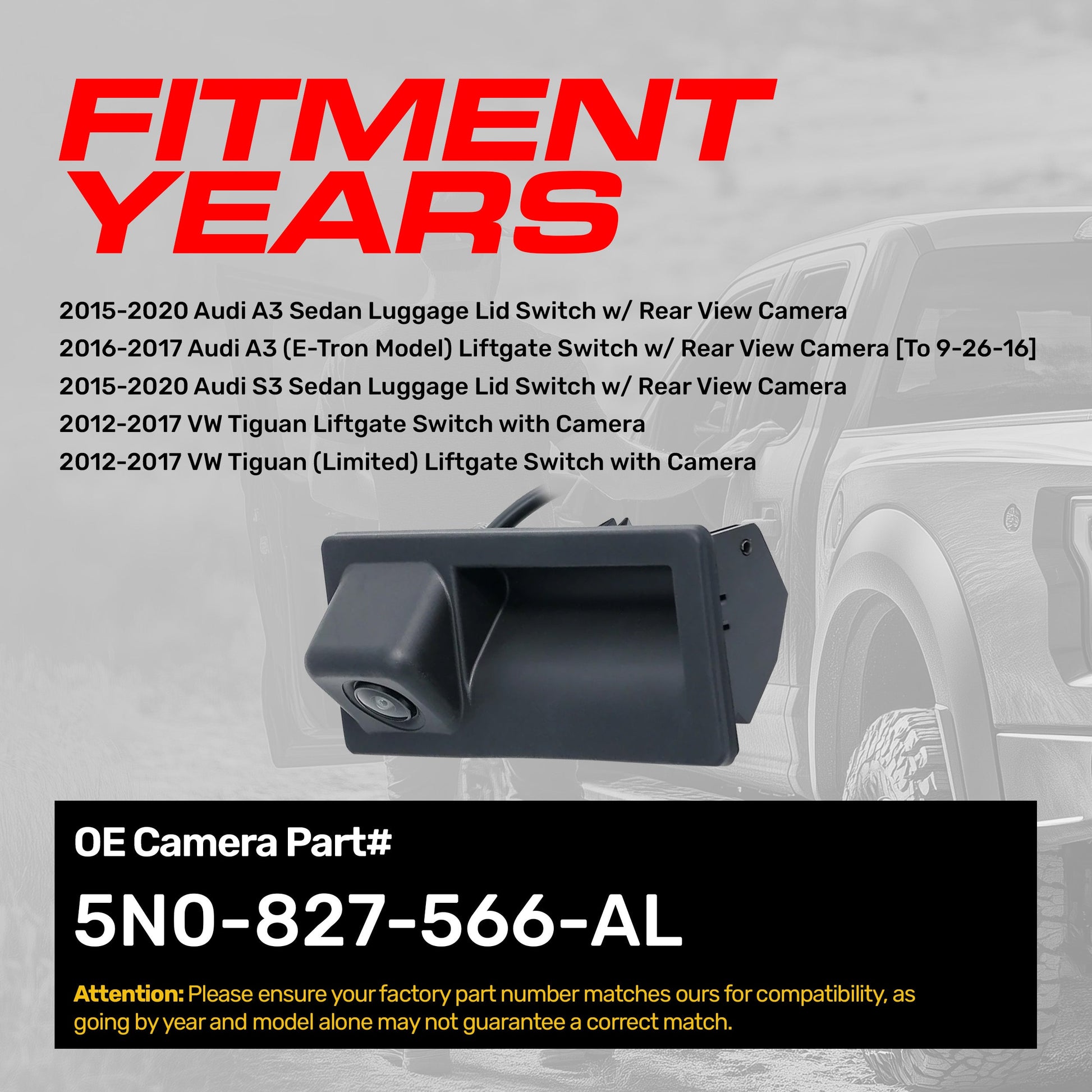 OEM backup camera by Master Tailgaters for Audi A3/S3 and VW Tiguan, part 5N0-827-566-AL on Tampa Home & Garden Store