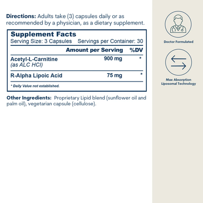 Liposomal ALC and R-ALA capsules supplement facts panel by Core Med Science showing acetyl-L-carnitine 900 mg and R-alpha lipoic acid 75 mg on Tampa Home & Garden Store