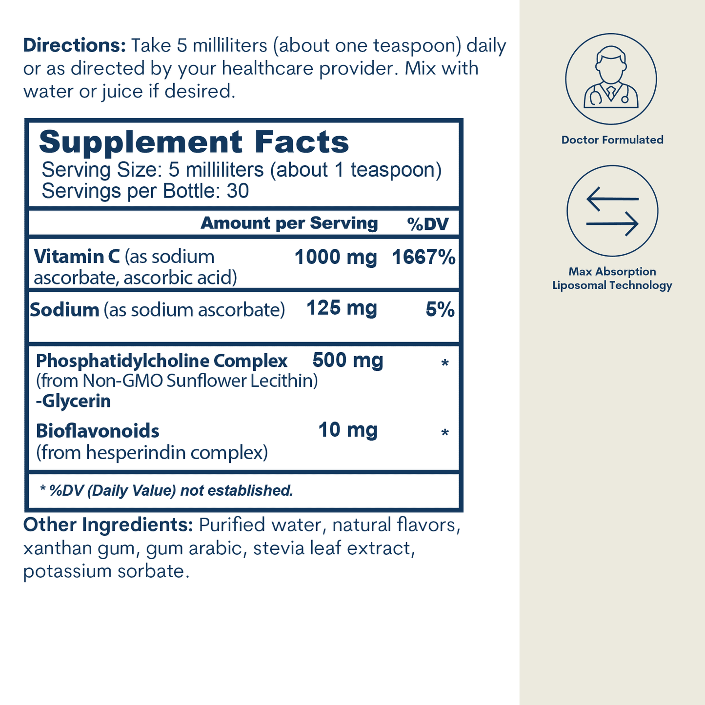 Liposomal Vitamin C liquid sunflower formula supplement facts 1000 mg vitamin C, 125 mg sodium on Tampa Home & Garden Store