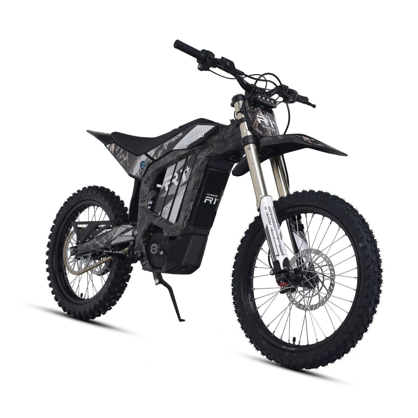 R1+ electric bicycle by EUNORAU US with camo frame and front suspension, knobby tires on Tampa Home & Garden Store