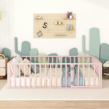 Metal floor bed frame with fence and door in pink, kid-friendly design, Unique Piece Furniture on Tampa Home & Garden Store