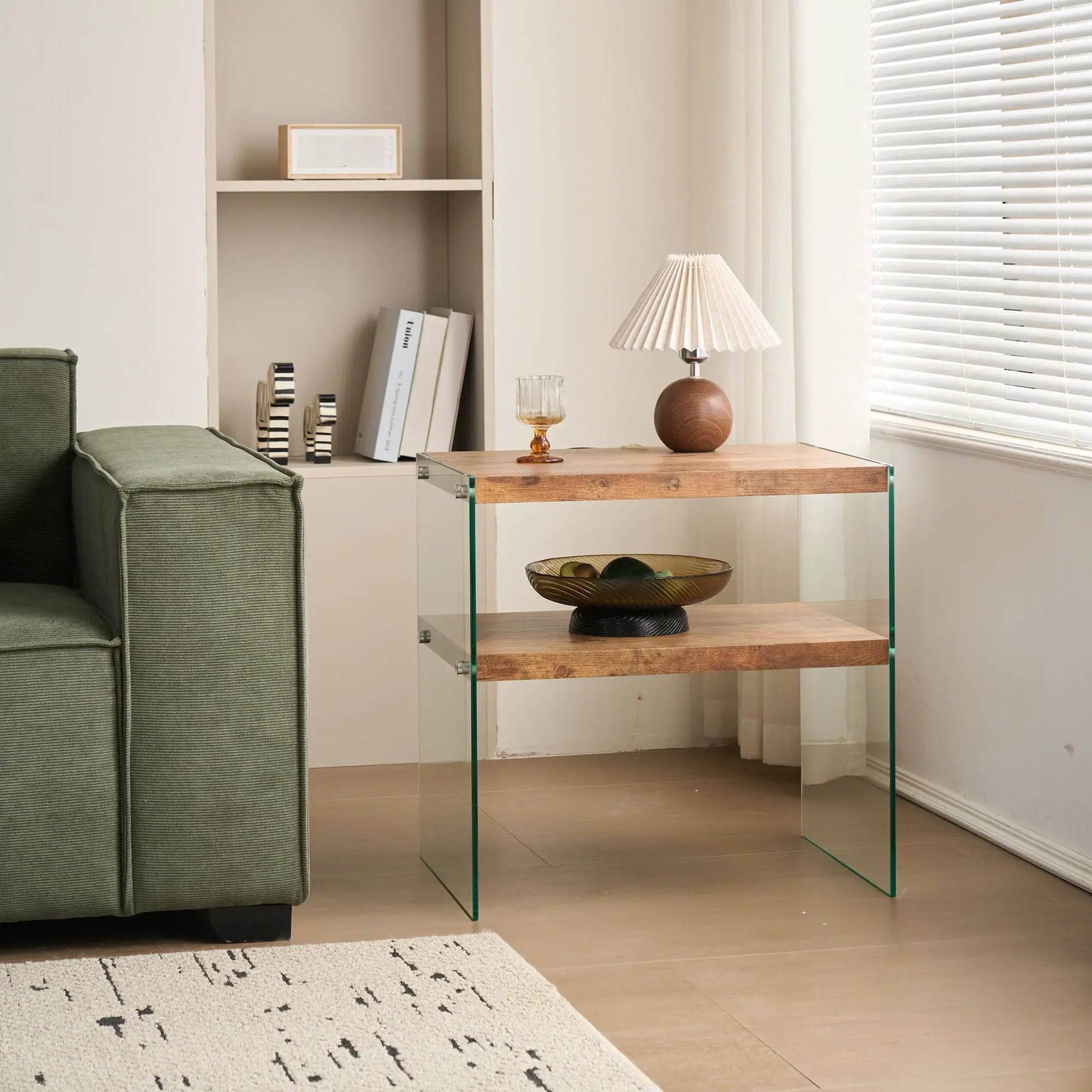 Durable living room side table with wood top and glass sides, topped by a pleated lampshade lamp on Tampa Home & Garden Store