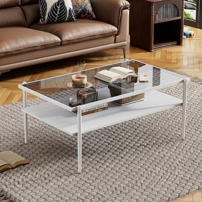 Rectangle coffee table with tempered glass top, white metal frame and lower shelf on Tampa Home & Garden Store