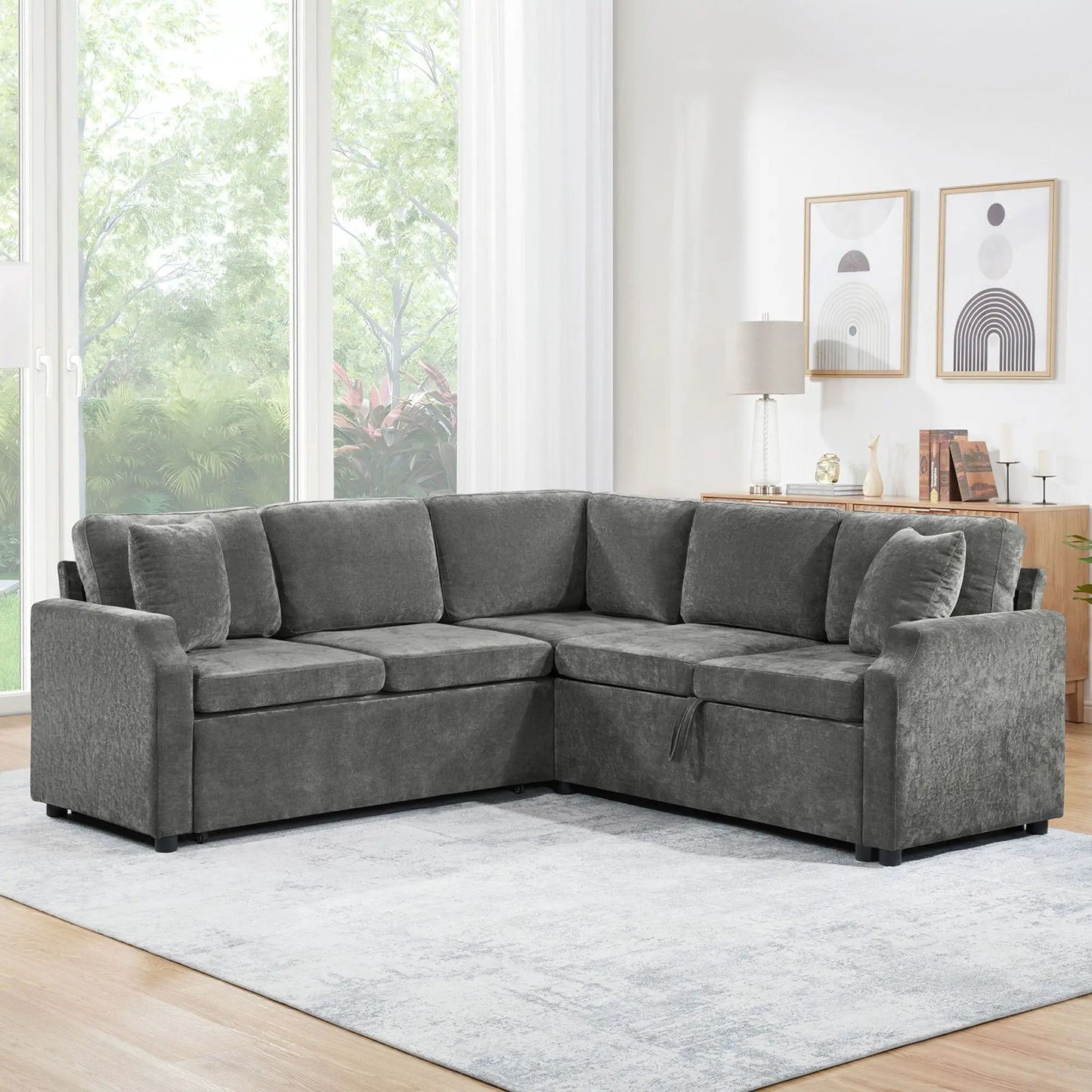 Modern L-shaped sleeper sectional sofa bed with hidden storage in dark gray upholstery on Tampa Home & Garden Store