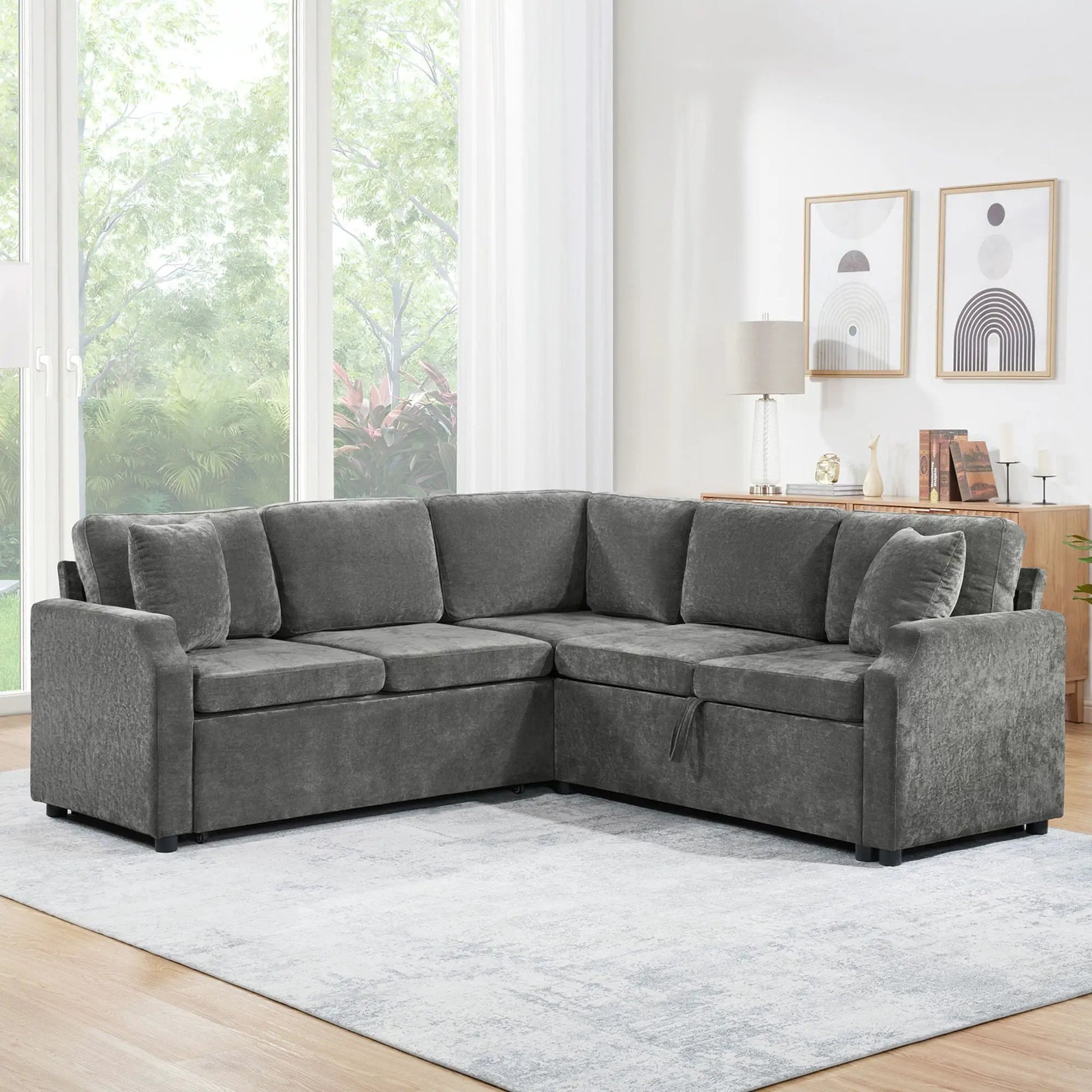 Modern L-shaped sleeper sectional sofa bed with hidden storage in dark gray upholstery on Tampa Home & Garden Store