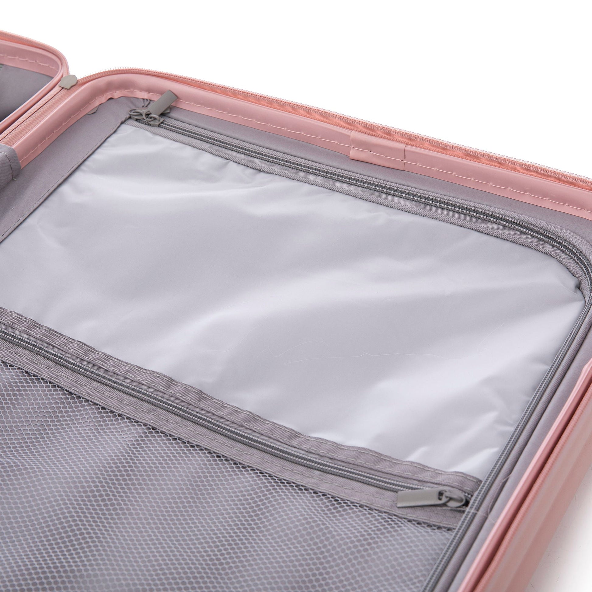3-piece spinner luggage set by HouseOfZazla, interior with pink trim and grey lining on Tampa Home & Garden Store