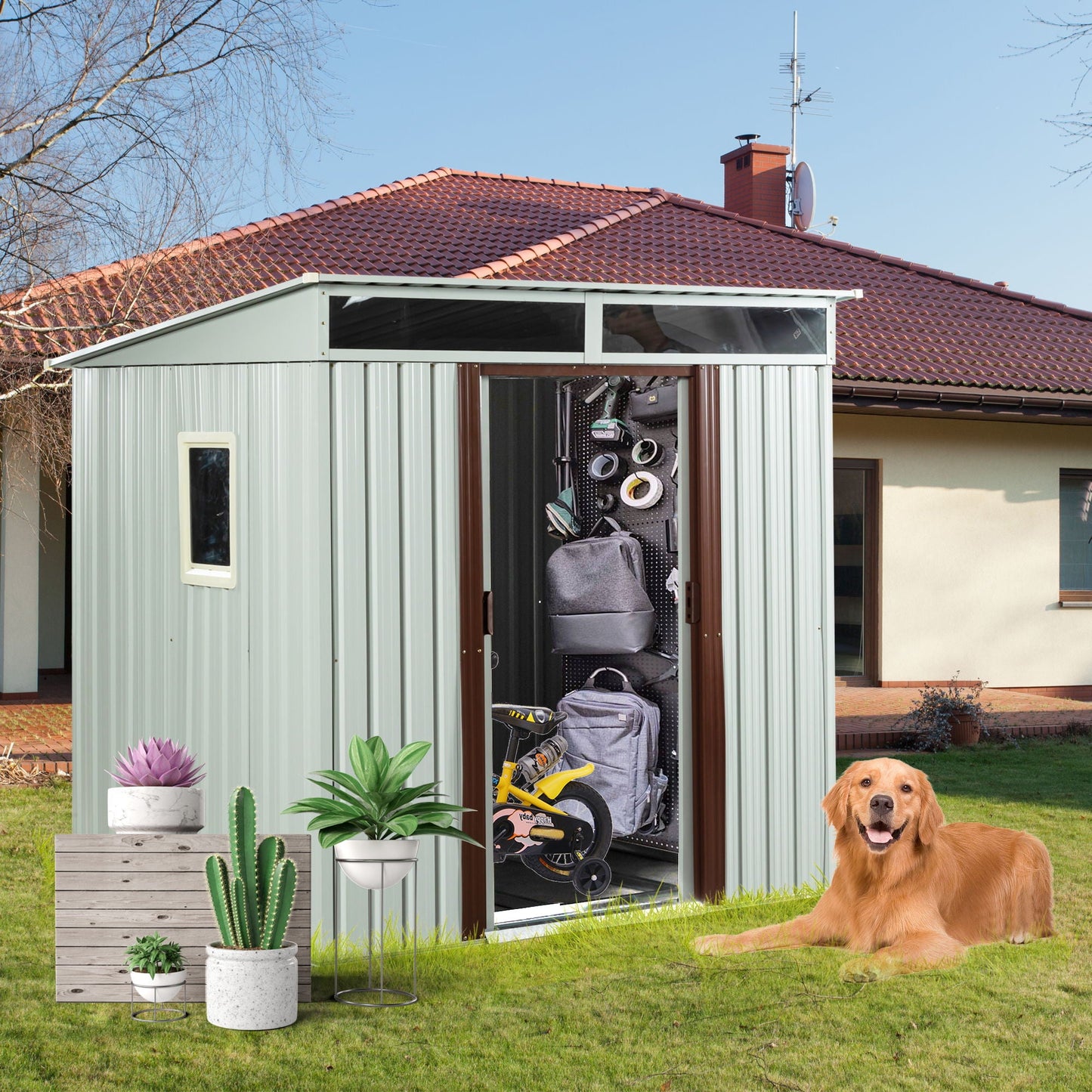 Metal Shed With A Sliding Door And Glass Window