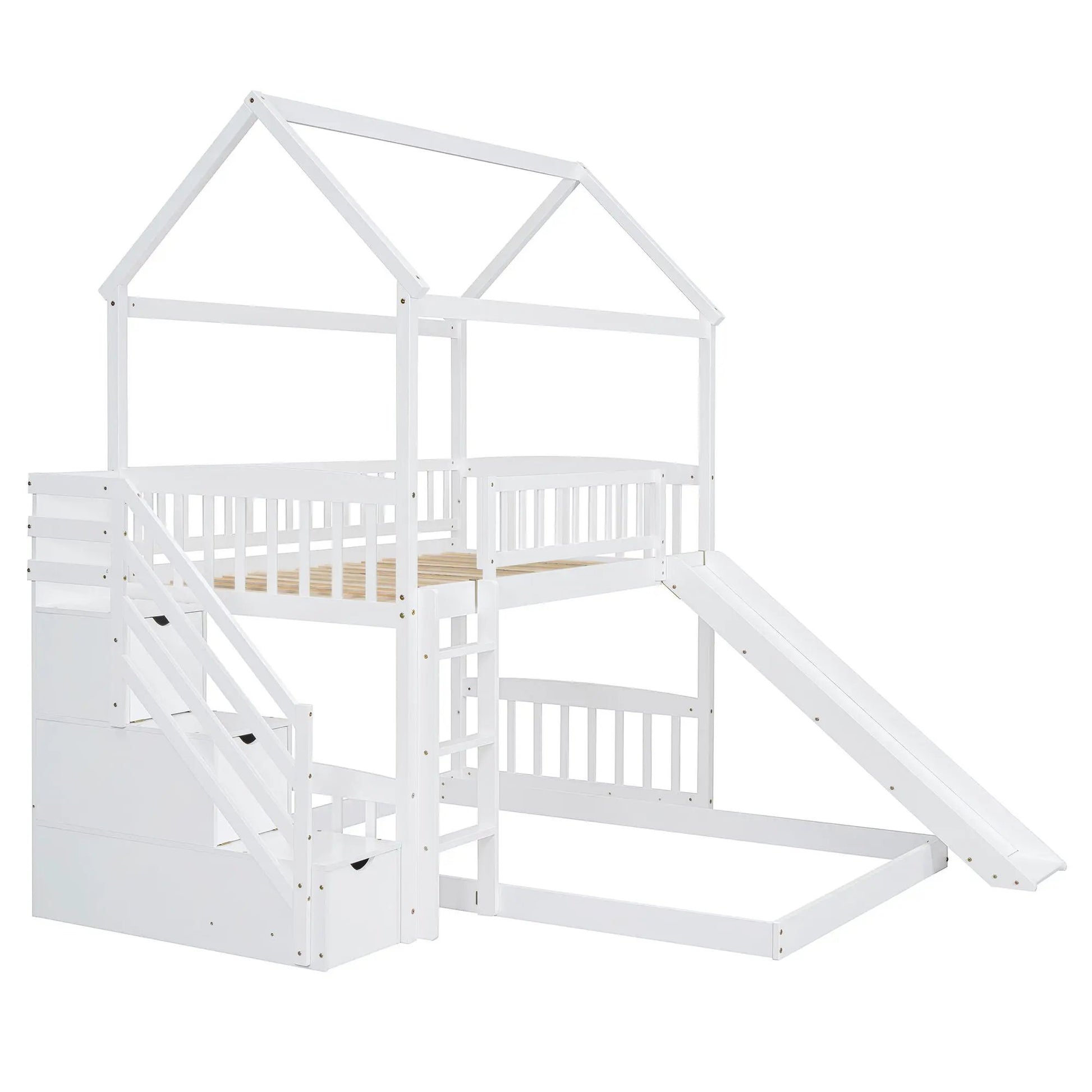 House Bunk Bed With Slide, white wooden frame on Tampa Home & Garden Store
