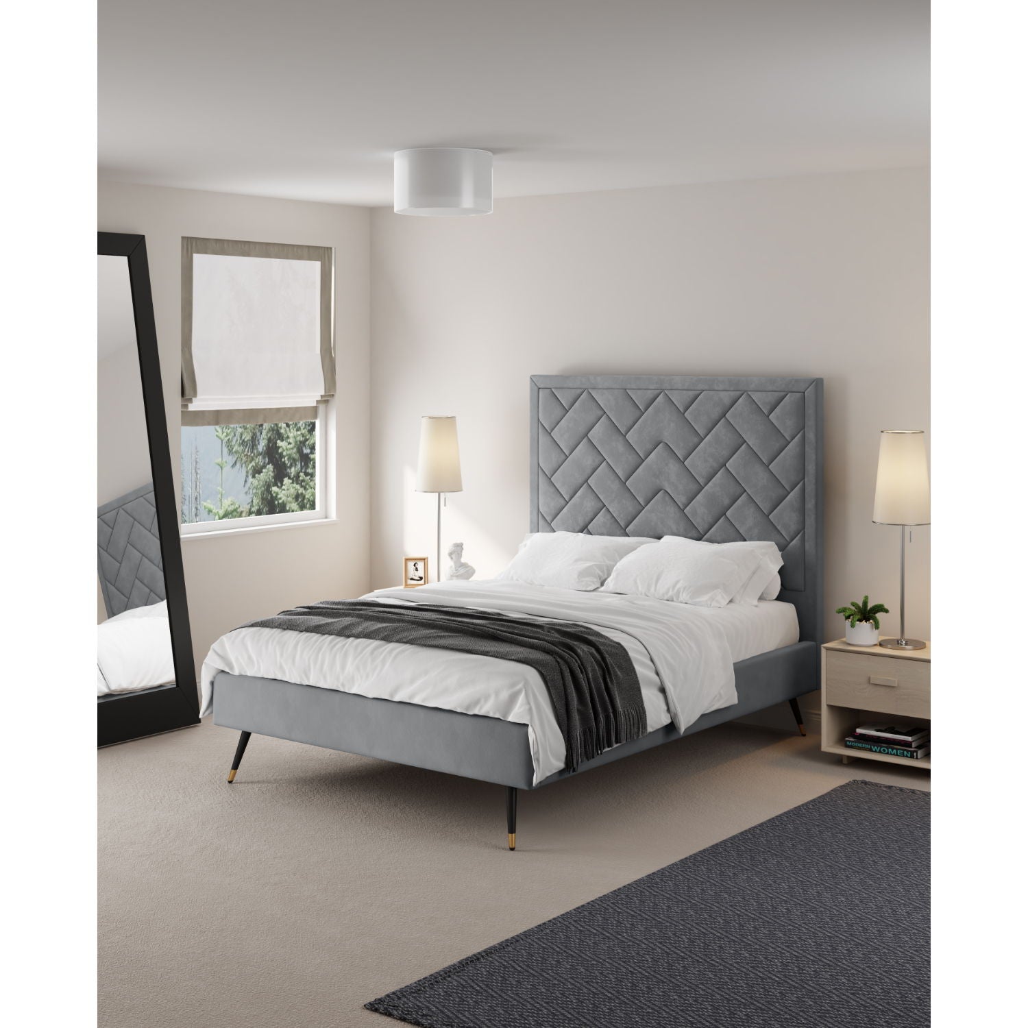 Crosby bed with grey quilted upholstered headboard and slatted base on Tampa Home & Garden Store