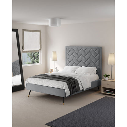 Crosby bed with grey quilted upholstered headboard and slatted base on Tampa Home & Garden Store