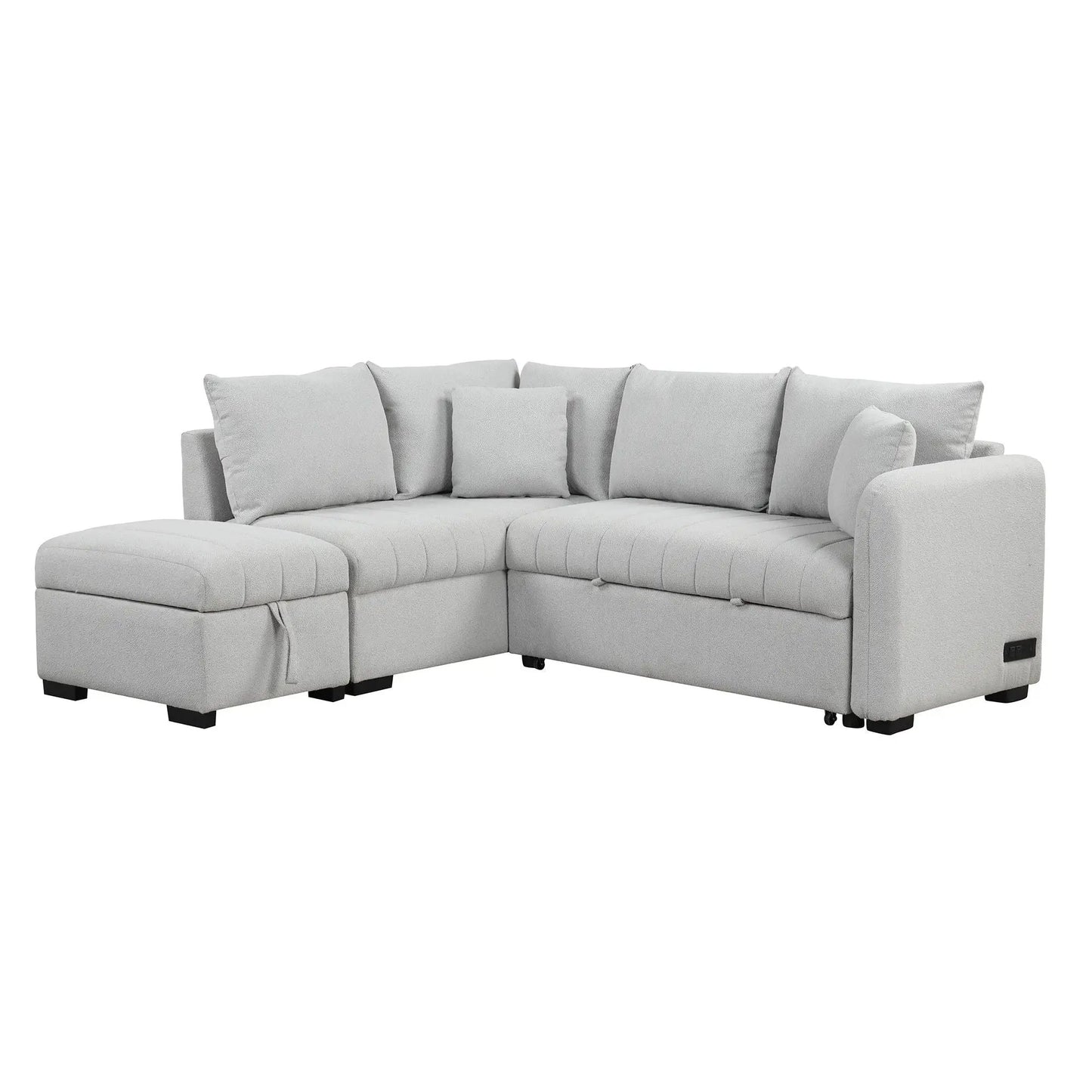 L-shaped sleeper sectional in light gray fabric with movable storage ottoman on Tampa Home & Garden Store