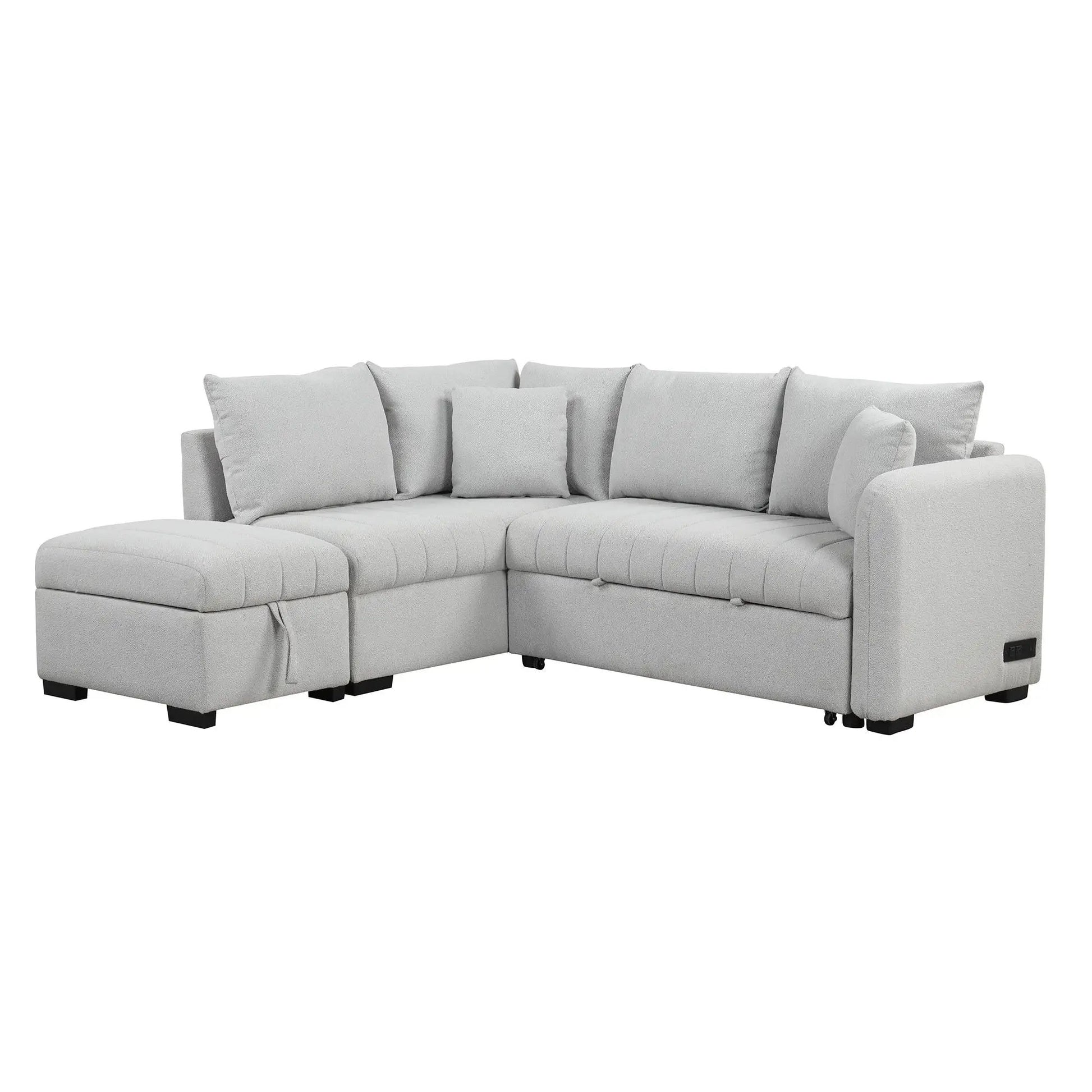 L-shaped sleeper sectional in light gray fabric with movable storage ottoman on Tampa Home & Garden Store