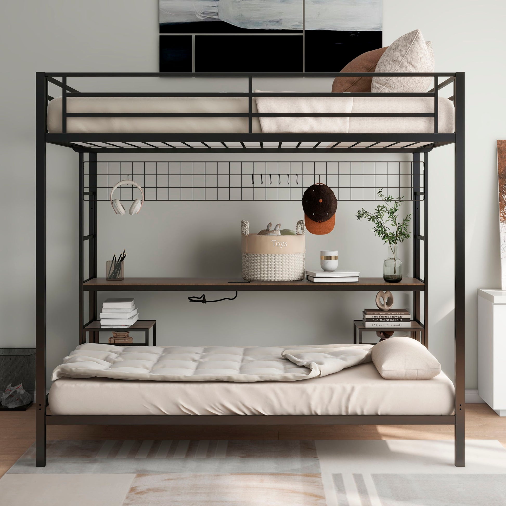 Ethan bunk bed with desk in metal frame; beige bedding, storage basket and hook grid below on Tampa Home & Garden Store