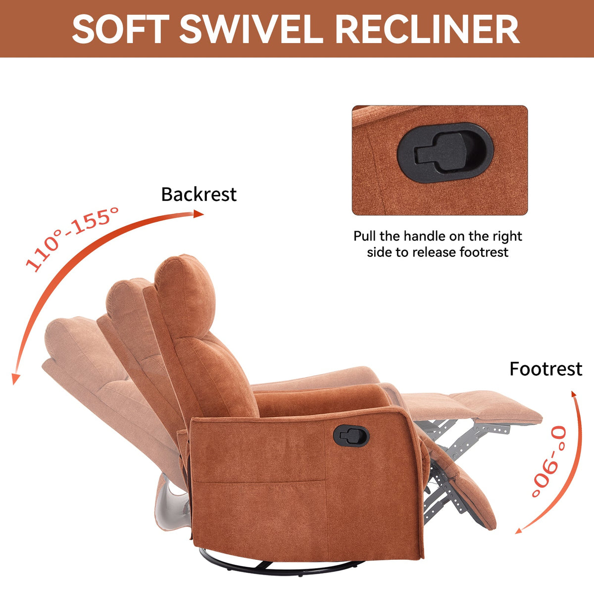 Heat Massage Manual Recliner Chair with Rocker & Swivel orange fabric by HouseOfZazla side lever on Tampa Home & Garden Store