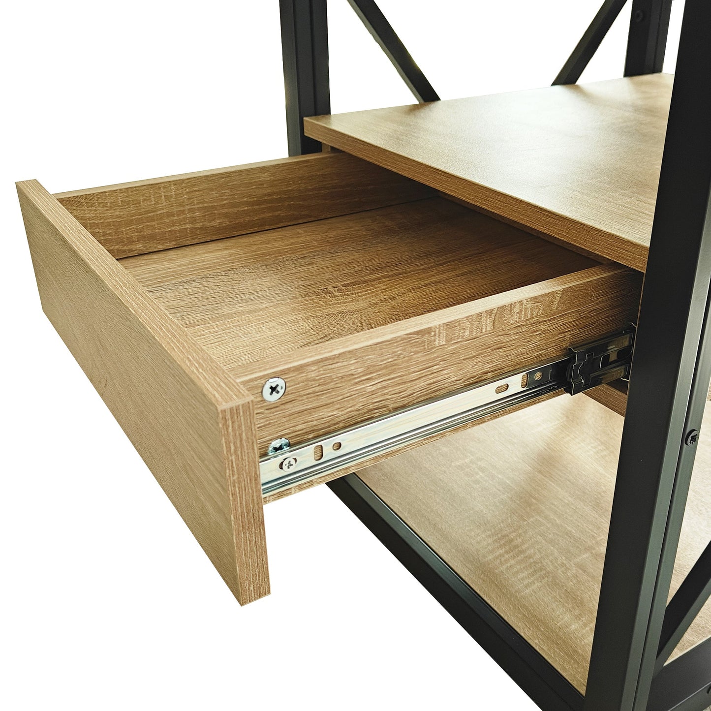 Set of 2 modern end tables with drawers light oak wood surfaces and black metal frame on Tampa Home & Garden Store