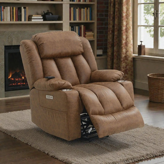 Aire power motion massage recliner with lift in brown upholstery and cup holders on Tampa Home & Garden Store