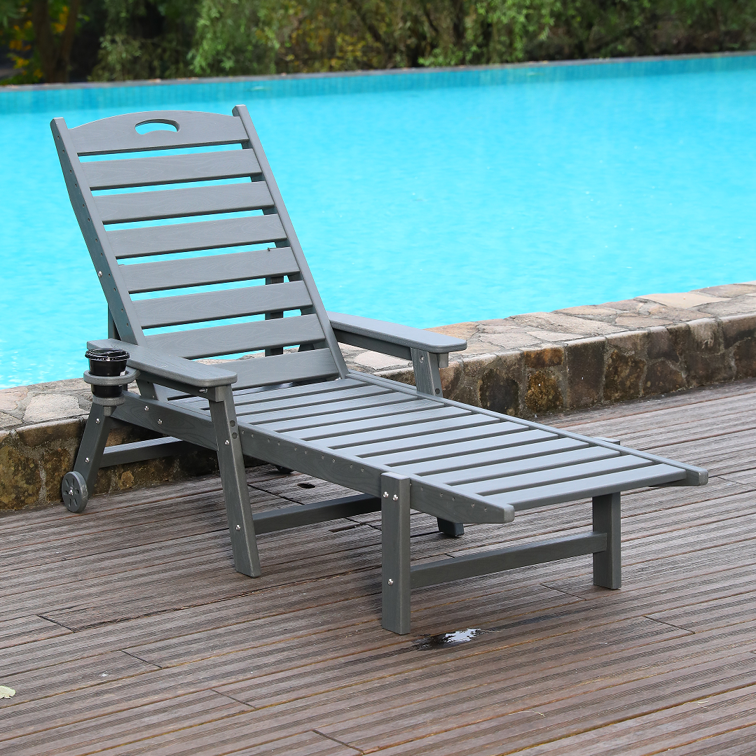 HouseOfZazla HDPE outdoor chaise lounge chair with adjustable backrest, gray slats, cup holder on Tampa Home & Garden Store