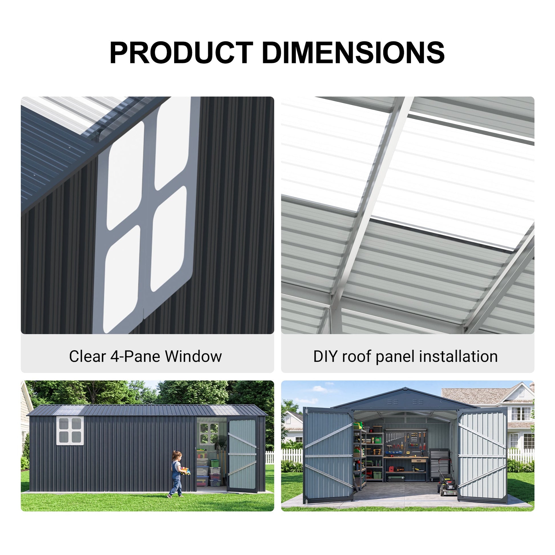 Outdoor storage shed 20x10 ft with dark vertical siding and window interior shelves on Tampa Home & Garden Store