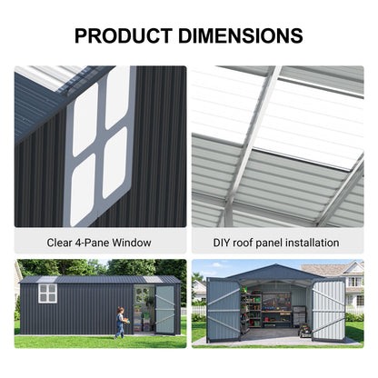 Outdoor storage shed 20x10 ft with dark vertical siding and window interior shelves on Tampa Home & Garden Store