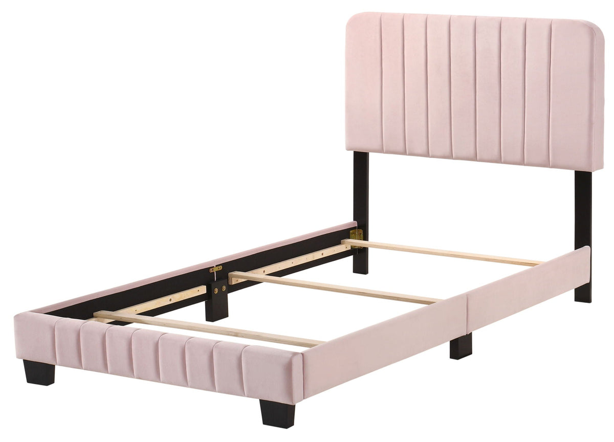 Channel Tufted Bed blush pink upholstered bed frame with channel tufting and black legs on Tampa Home & Garden Store