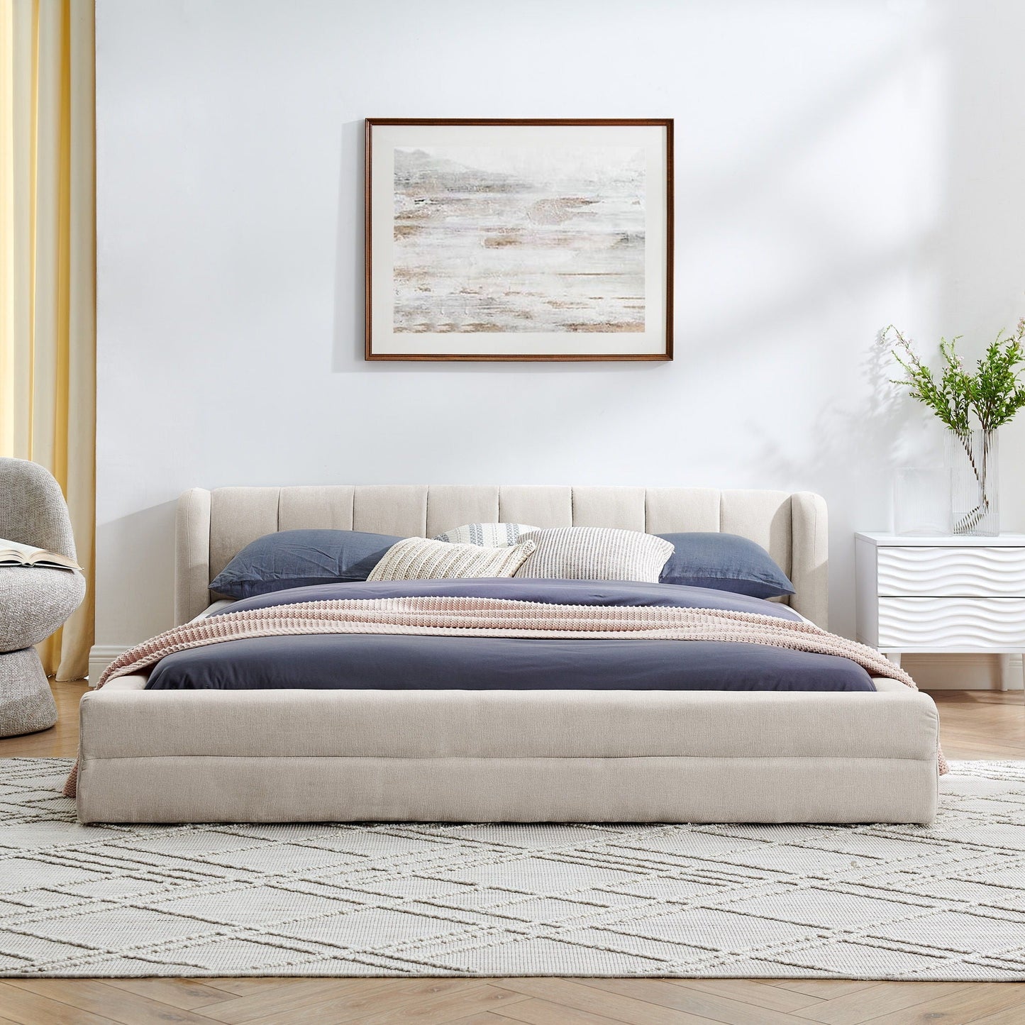 Modern upholstered bed frame in beige thick fabric with padded headboard HouseOfZazla on Tampa Home & Garden Store
