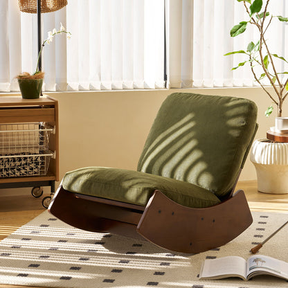 Upholstered glider rocking chair with solid wood curved base in green fabric on Tampa Home & Garden Store