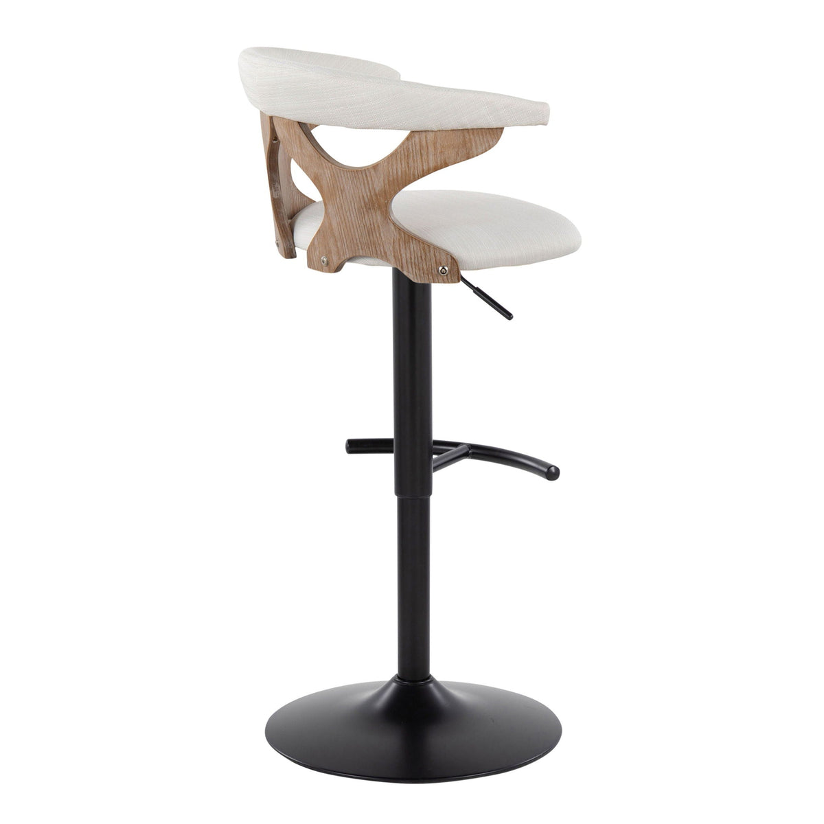 Contemporary adjustable barstool with curved wood frame cream upholstery swivel rounded T footrest on Tampa Home & Garden Store