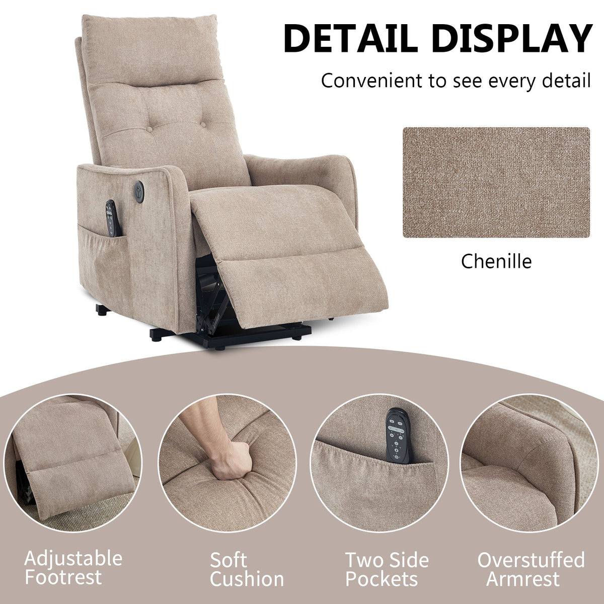 HouseOfZazla khaki chenille power lift recliner chair with massage and heat on Tampa Home & Garden Store