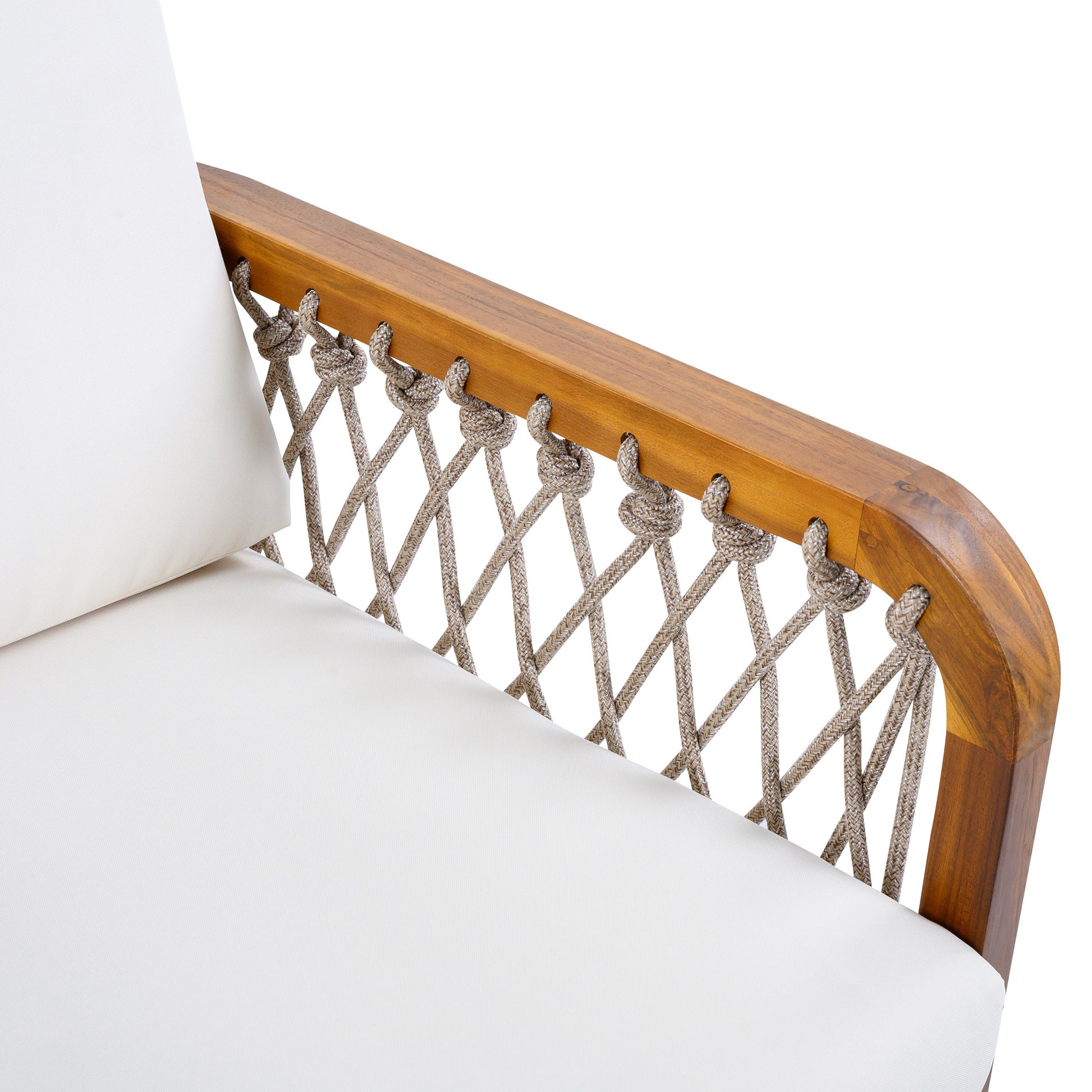Outdoor Acacia Wood Club Chair with handwoven rope and white cushion HouseOfZazla on Tampa Home & Garden Store