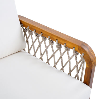 Outdoor Acacia Wood Club Chair with handwoven rope and white cushion HouseOfZazla on Tampa Home & Garden Store