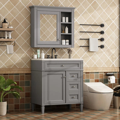 Gray Vanity With Top Sink and Mirror Cabinet