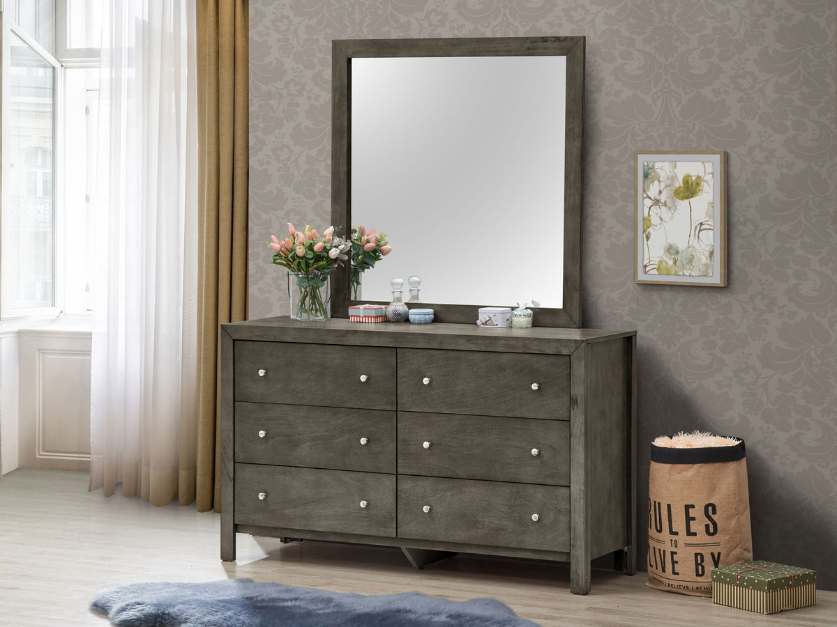 Burlington gray dresser by HouseOfZazla with large mirror and 9 drawers in a damask room on Tampa Home & Garden Store