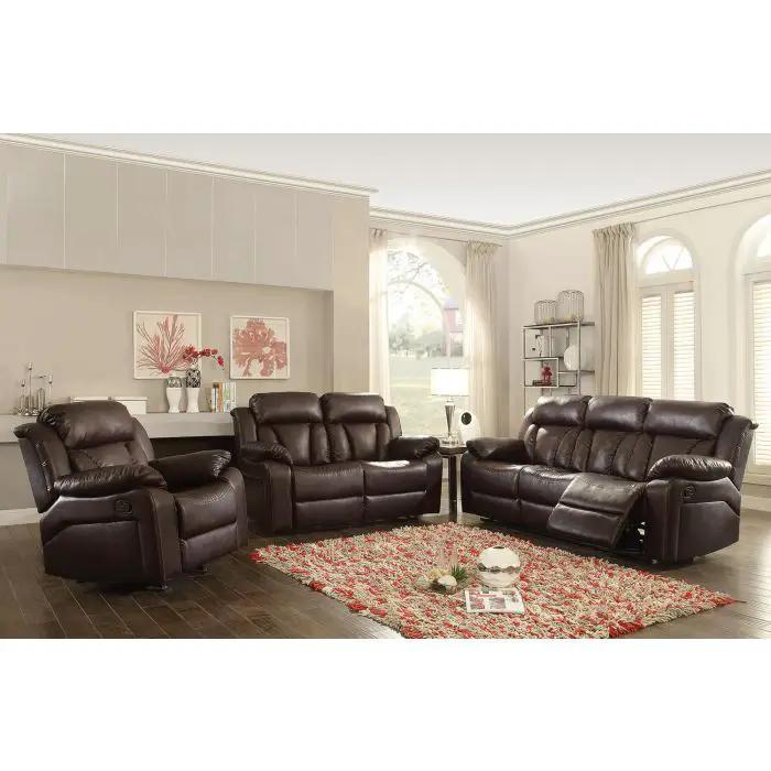Three-piece reclining leather sofa set in dark brown by Unique Piece Furniture in living room on Tampa Home & Garden Store