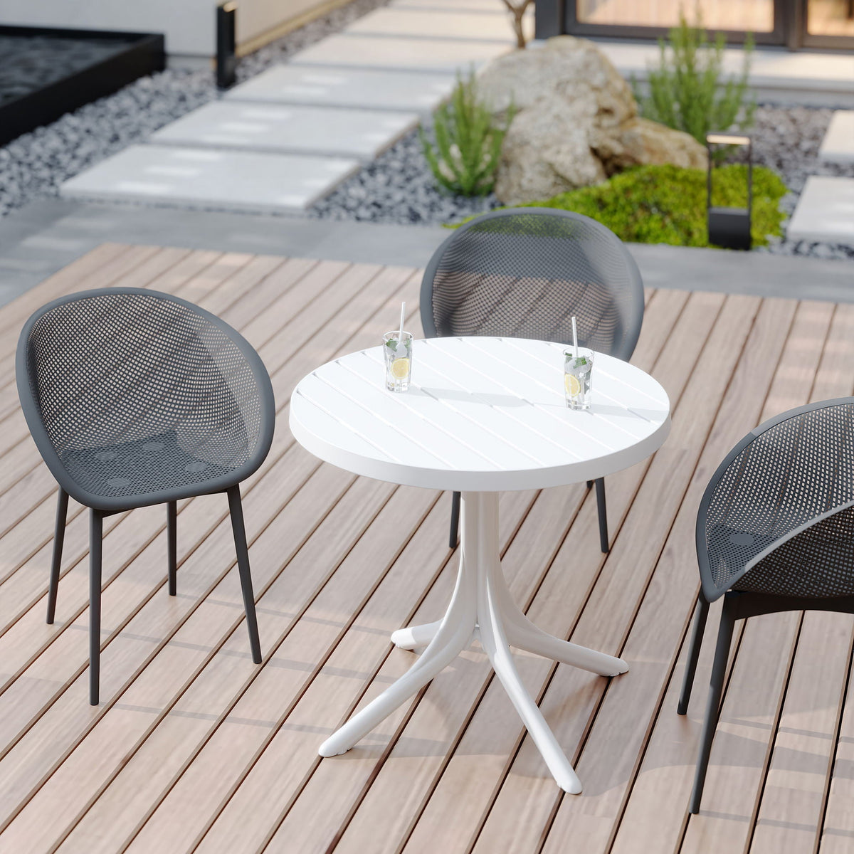 3 Piece Outdoor Lounge Set by HouseOfZazla, all-weather gray chairs with white table on Tampa Home & Garden Store