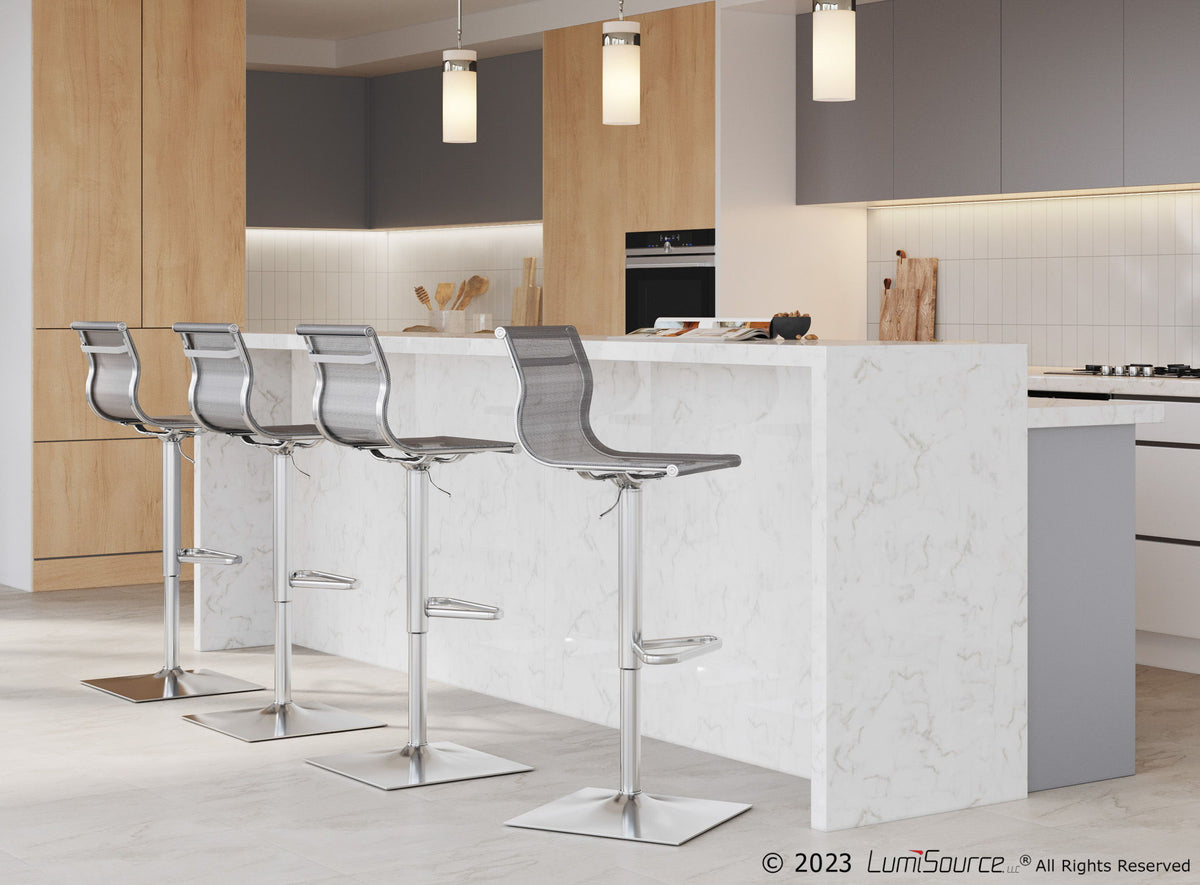 Contemporary adjustable barstool with swivel in pearl silver, bar-height 28–30, chrome base on Tampa Home & Garden Store