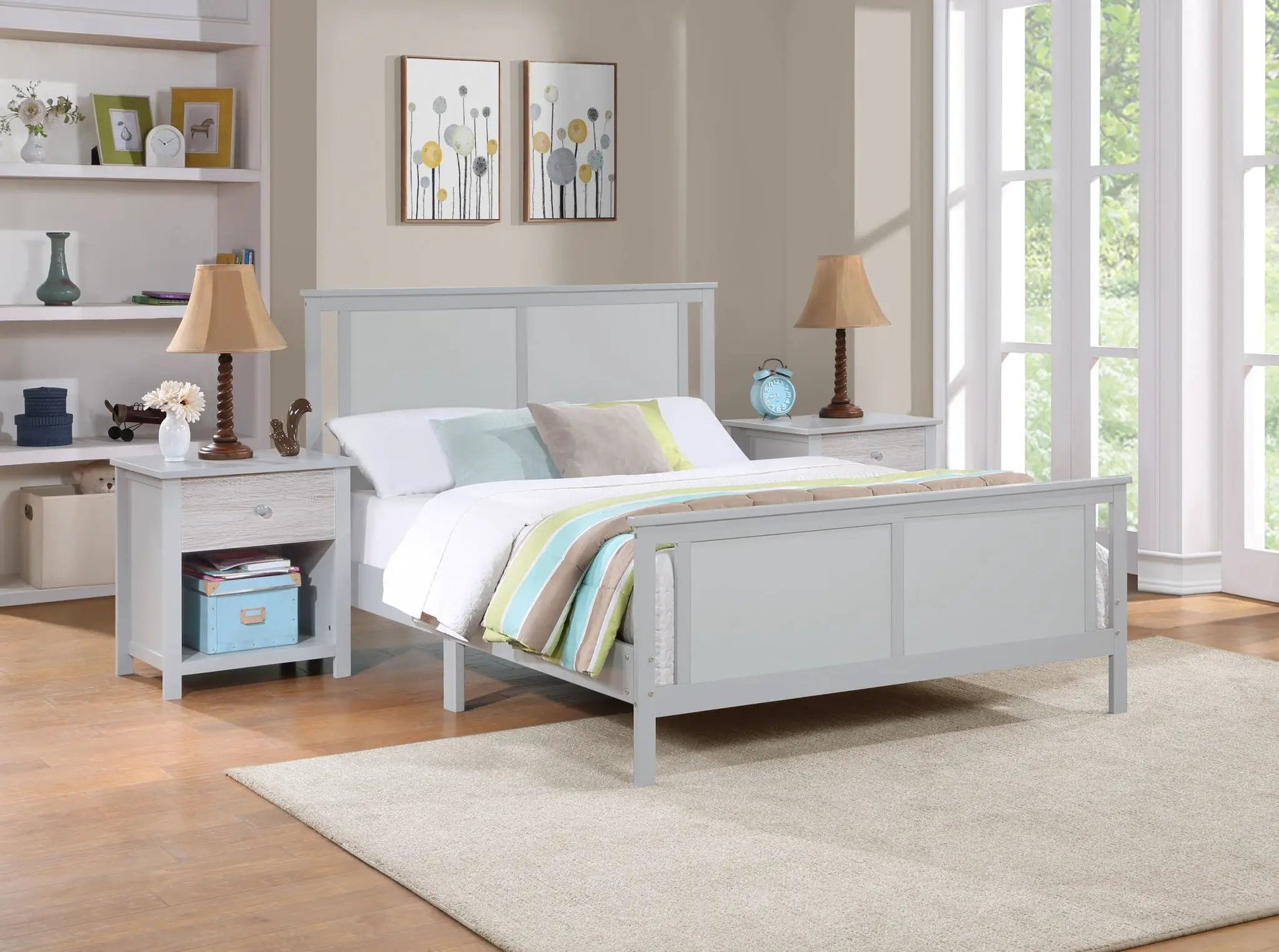 Connelly panel bed in light gray with matching nightstands and striped aqua and beige bedding on Tampa Home & Garden Store