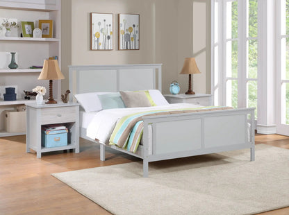 Connelly panel bed in light gray with matching nightstands and striped aqua and beige bedding on Tampa Home & Garden Store