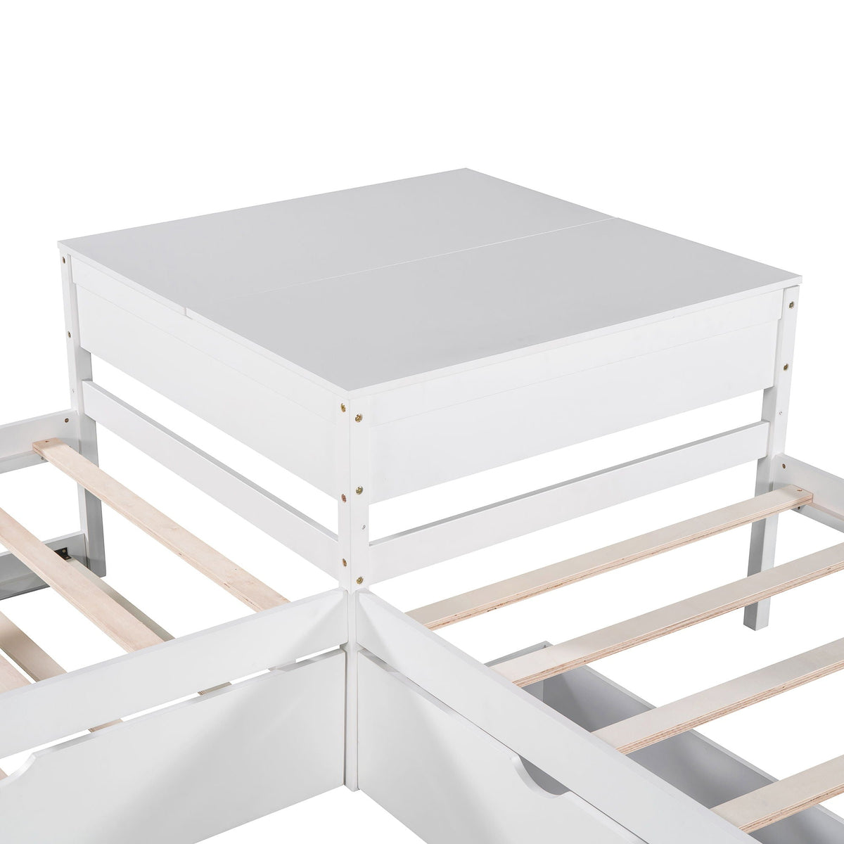 L-shaped platform bed with built-in desk and trundle drawers in white finish by HouseOfZazla on Tampa Home & Garden Store