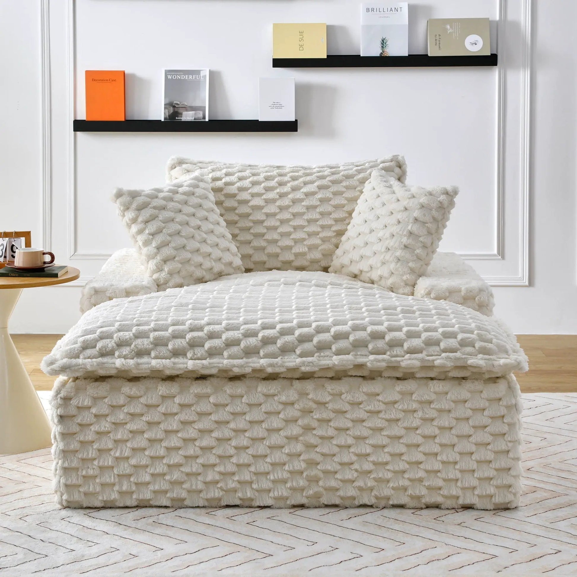 Harbor luxury sofa turtle fleece fabric white chunky knit bedding with two pillows on bed on Tampa Home & Garden Store