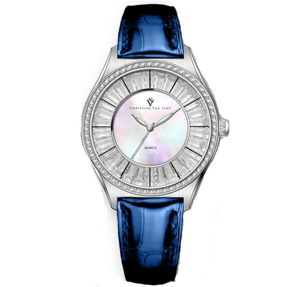 Christian Van Sant Women's Luna watch with blue patent leather strap and diamond bezel on Tampa Home & Garden Store