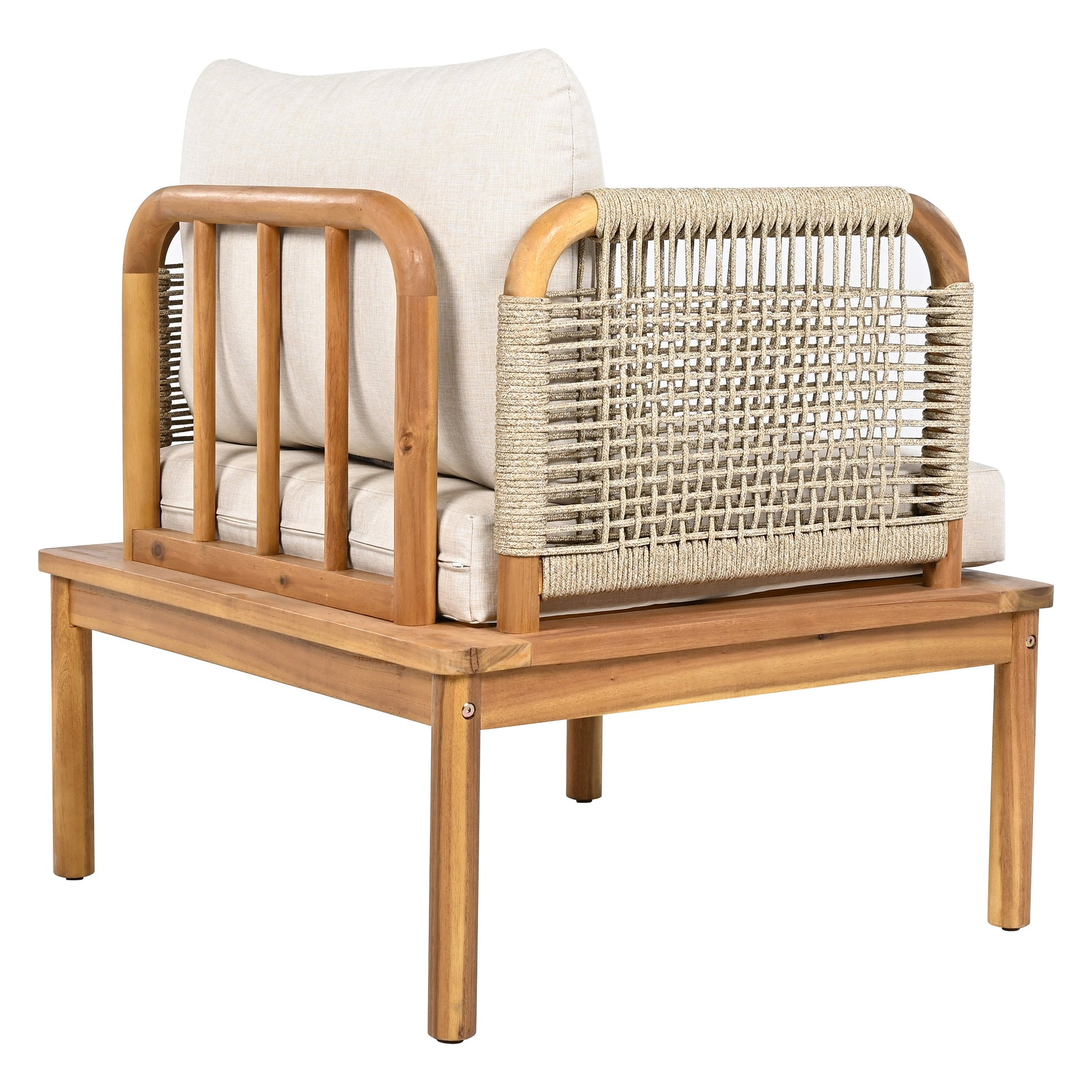 Outdoor 5-Piece Acacia Wood and Rope Patio Sofa Set, natural wood frame, beige cushions on Tampa Home & Garden Store