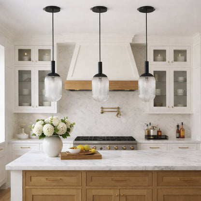 Giza Pendant Lamp trio: ribbed glass shades black hardware over marble island by HouseOfZazla on Tampa Home & Garden Store