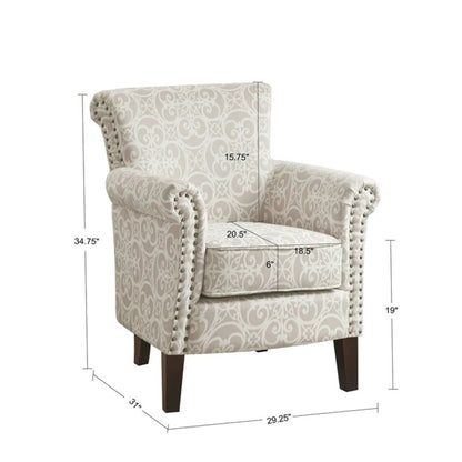 Brooke Tight Back Club Chair beige damask fabric with nailhead trim on Tampa Home & Garden Store