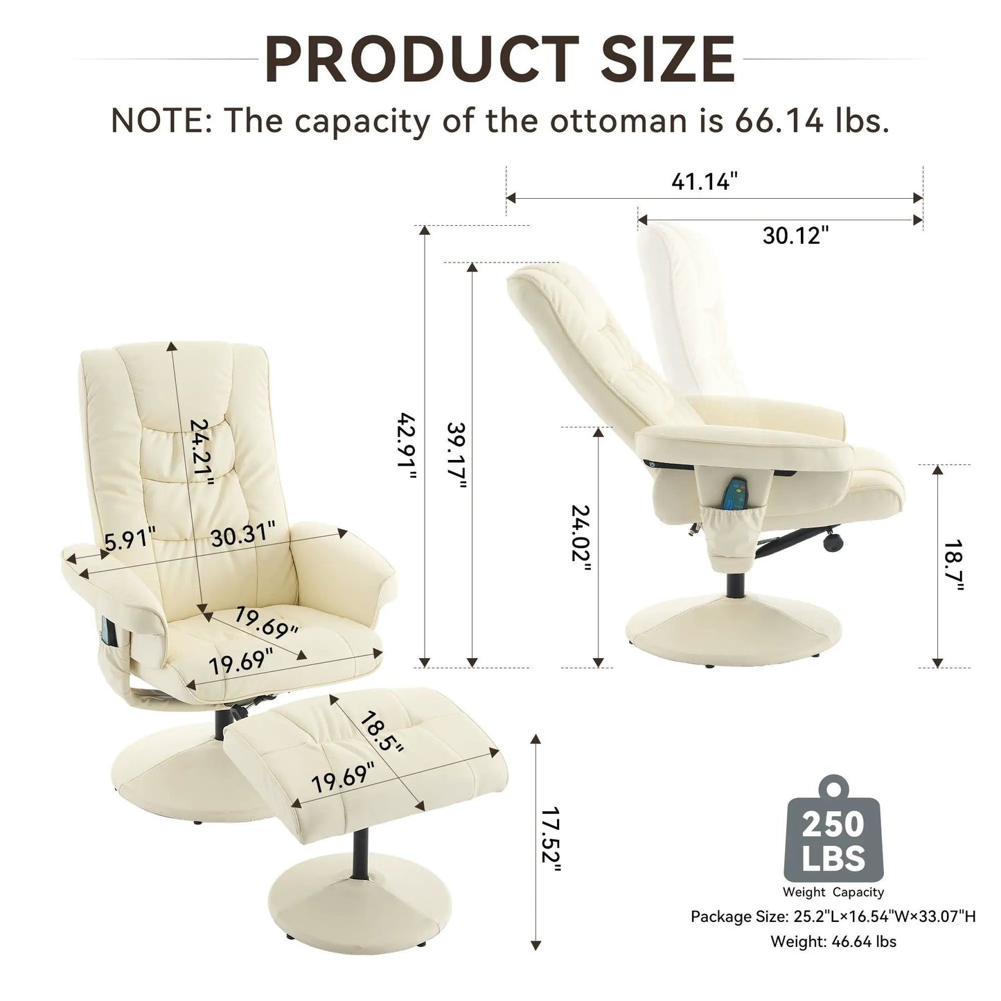 Cream recliner chair with ottoman, 360° swivel, remote control, Unique Piece Furniture on Tampa Home & Garden Store