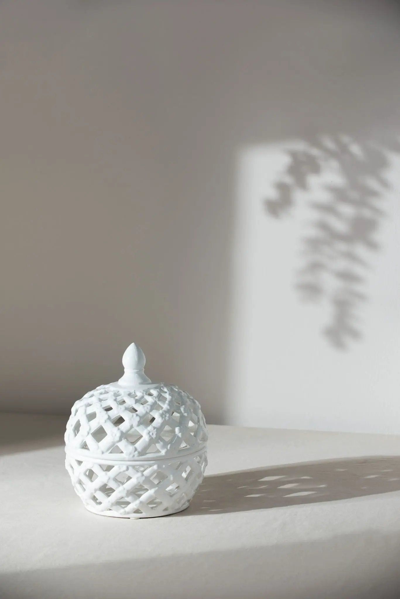 Ceramic lidded jar with lattice design in white by Unique Piece Furniture on Tampa Home & Garden Store